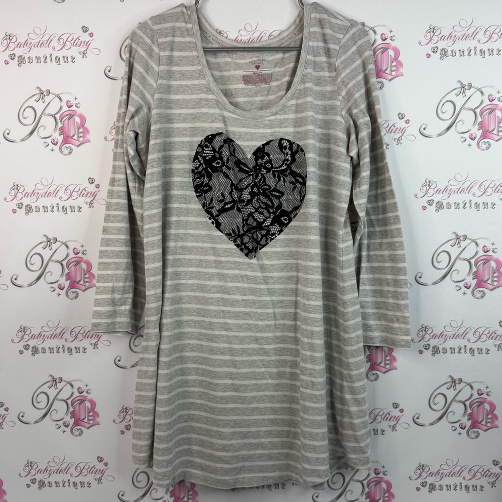 Victoria's Secret dress long shirt long sleeve stripes white Gray black heart